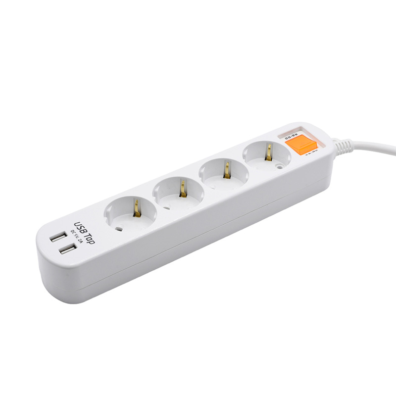 Økonomiske 4 utsalgssteder EU standardkontakt med 2 USB -porter og 1 overbelastningsbeskyttelsesbryter Økonomiske 4 utsalgssteder EU standardkontakt med 2 USB -porter og 1 overbelastningsbeskyttelsesbryter